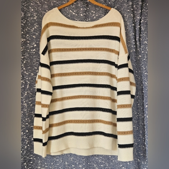 zeagoo Sweaters - Zeagoo Black and Tan Crew Neck Sweater with Stripes Plus Size 2XL